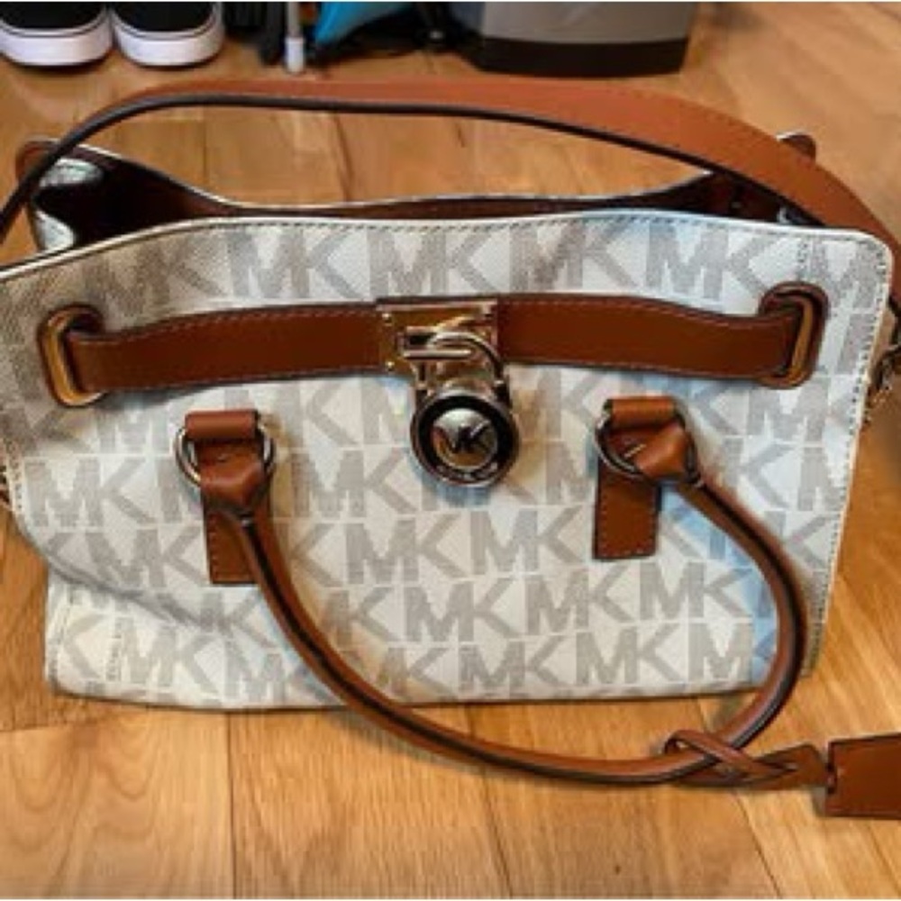 Michael Kors White MK Logo Satchel with Brown Trim and Gold Hardware